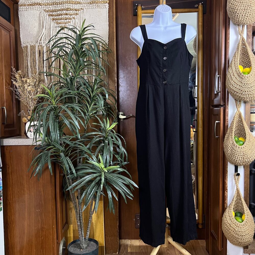 Old Navy Jumpsuit Womens M Black Linen Rayon Button Smocked Sweetheart Wide Leg